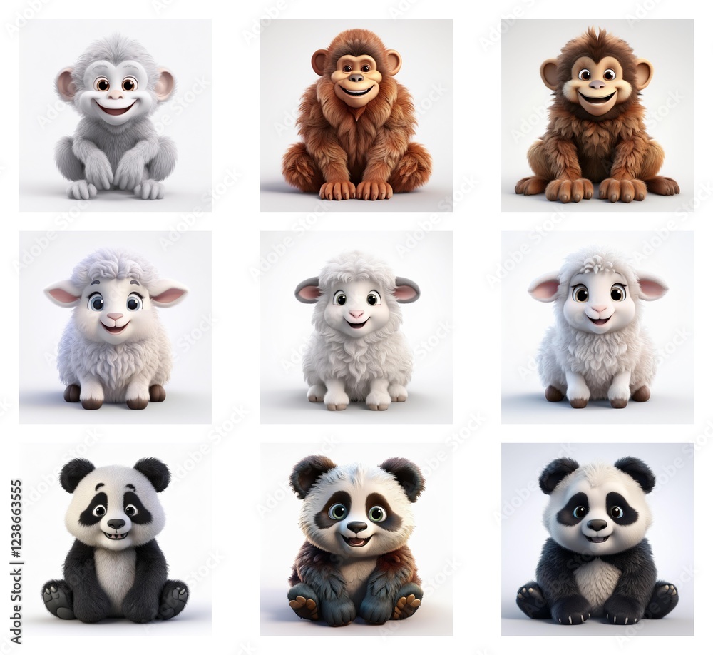Aufkleber adorable 3d rendered baby animals: monkeys in various shades and fluffy lambs and pandas. each anima