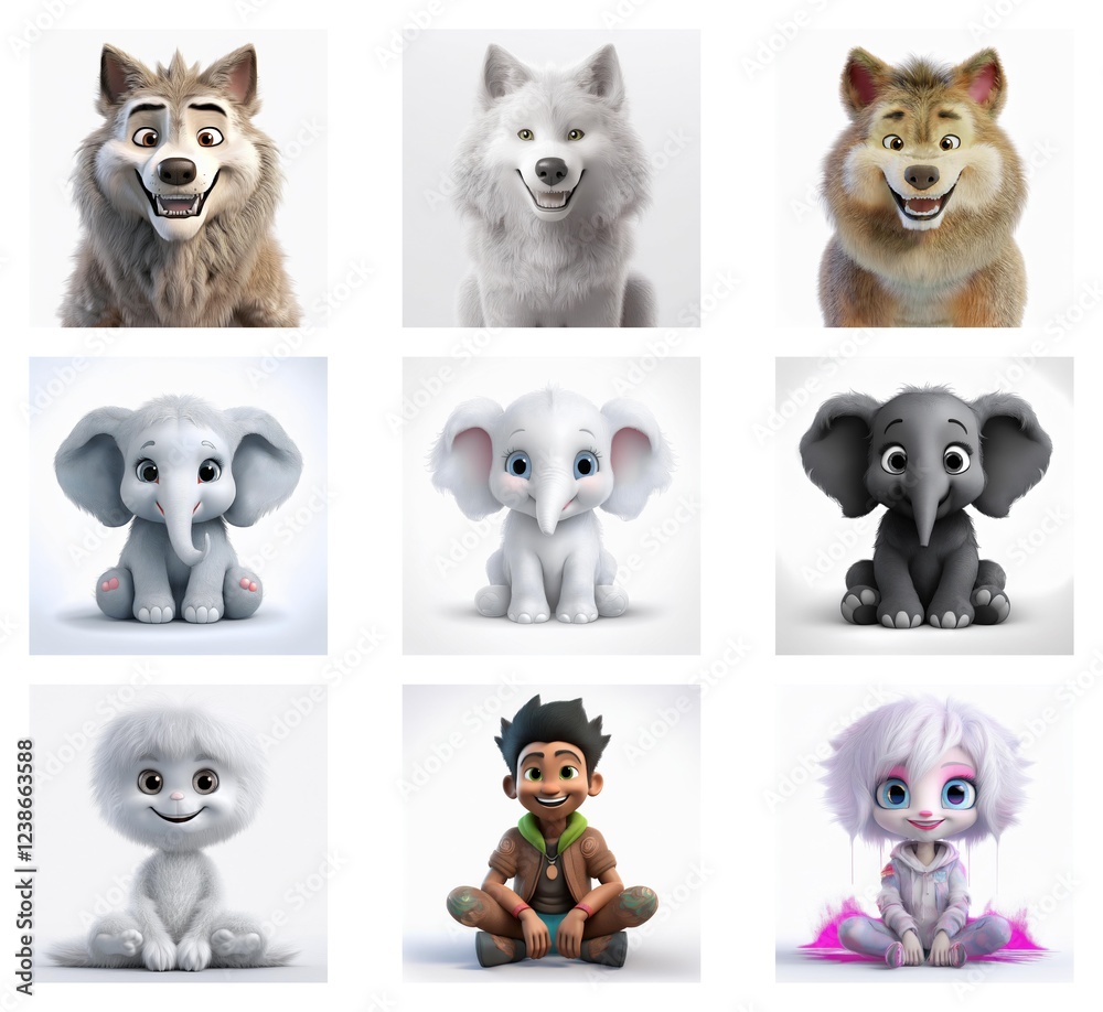 Poster nine charming 3d rendered animal and human characters. a diverse set showcasing different styles and