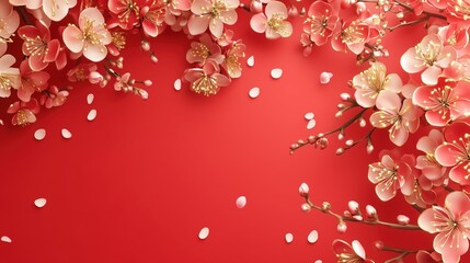 Fototapeta premium Chinese style red background with golden flowers festival celebration background