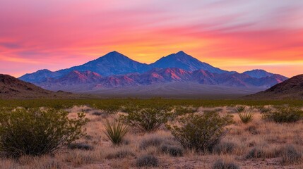 Desert sunset nature concept. Stunning sunset over majestic mountains with vibrant colors and serene atmosphere.