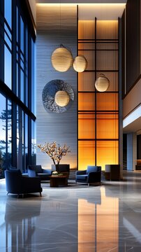 Boutique hotel lobby, artistic decor and warm lighting, 3D illustration