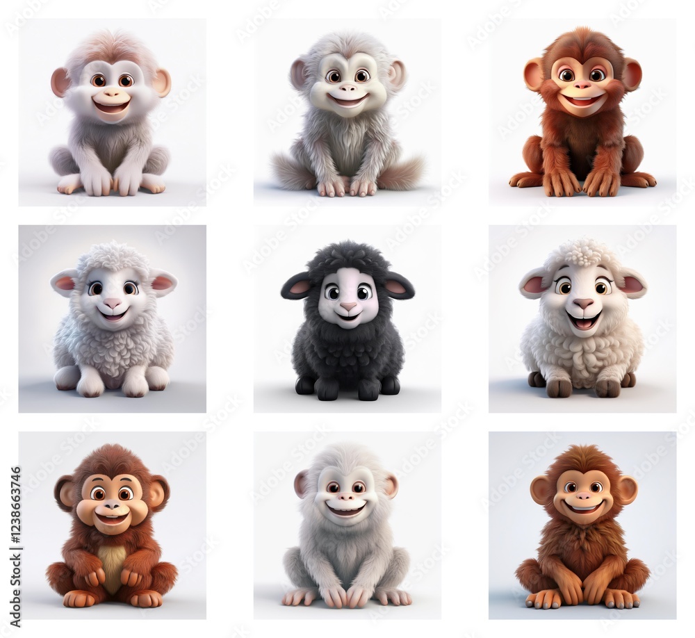 Poster adorable 3d renderings of baby monkeys and lambs in various colors. each animal sits and smiles, sho