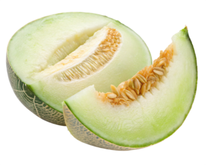 A slice of honeydew melon with pale green flesh and a smooth, light green rind. AI Generative