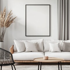 Empty white wall model in modern office space with natural light and wooden furniture. 3d rendering. Living room design. Office.