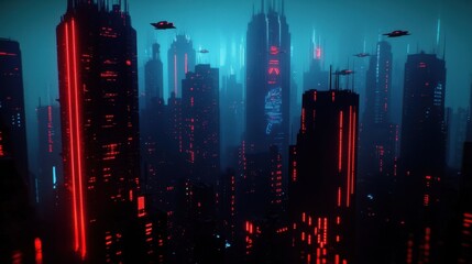 Futuristic Cityscape with Neon Lights and Alien Spaceships at Night