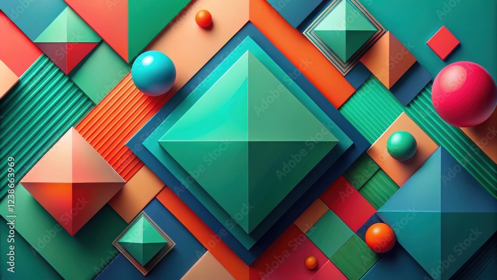 Aufkleber Abstract Colorful Geometric Shapes Composition Featuring Cubes, Spheres, and Pyramids Arranged in a Modern Design