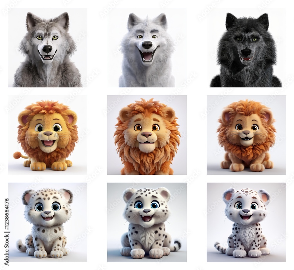 Poster a charming grid showcasing stylized 3d renderings of wolves and lion cubs. different fur colors and 