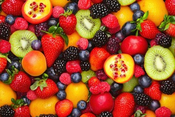 Obraz premium Vibrant and colorful background of various fresh fruits, showcasing bright colors to highlight variety and freshness, perfect for advertising and packaging design in the food industry