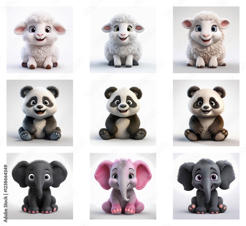 Poster Adorable 3D render of baby animals: fluffy lambs and cute pandas and elephants in various poses.  Variations in color add to the charm.