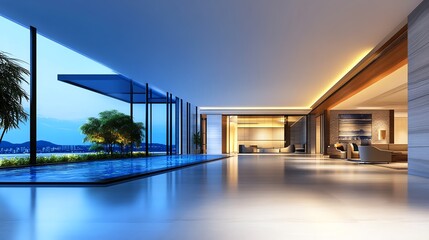 A contemporary luxury hotel lobby with a water feature, soft lighting, and highend furnishings, photorealistic, isolated on white background