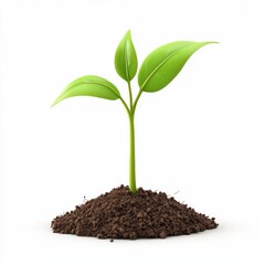 Sprouting seedling with two tiny green leaves emerging from the soil, isolated on white background