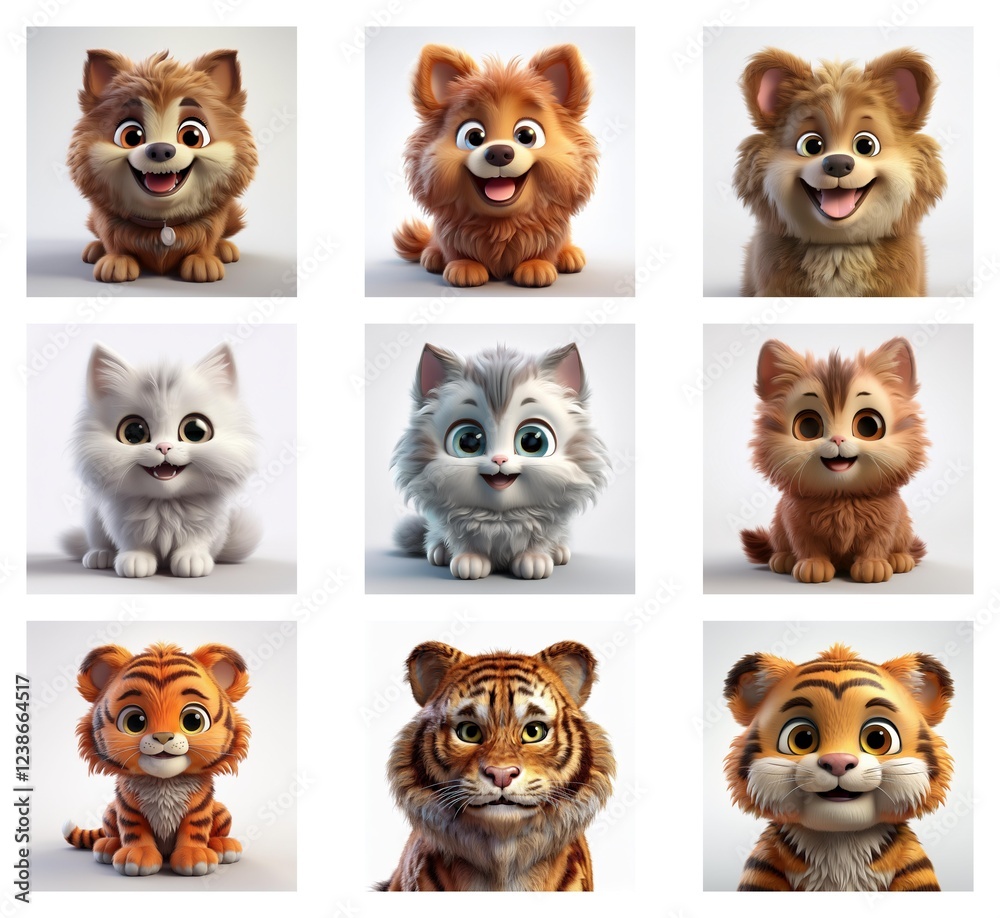 Poster adorable 3d renderings of fluffy puppies, kittens, and tiger cubs. each animal is presented with a c
