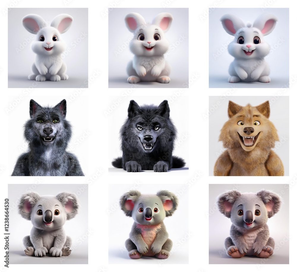 Poster adorable 3d renderings of baby rabbits, wolves, and koalas in various poses. each animal is depicted