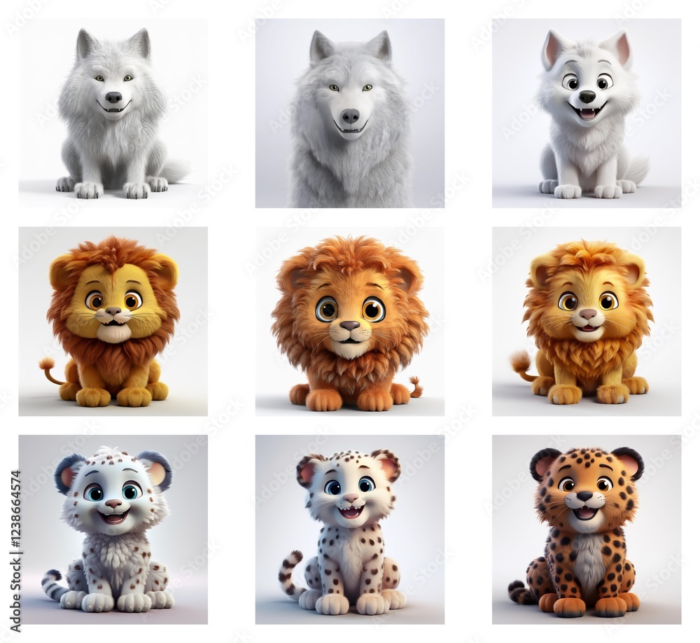 Poster Nine adorable cartoon animal renderings showcase the 3D modeling process.  Stages from basic form to fully textured fur are shown for a wolf, lion, and snow leopard cub.
