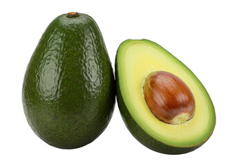 A ripe avocado, one whole and one halved to show the vibrant green flesh and large seed, isolated on a white background
