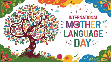  Mother Language Day, A vibrant tree design symbolizing global linguistic diversity and cultural celebration.