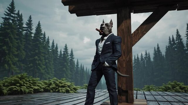 Anthropomorphic pitbull dressed in a sharp suit, smoking a cigar while relaxing in a cozy mountain cabin, enjoying the stunning forest view and embracing nature's tranquility
