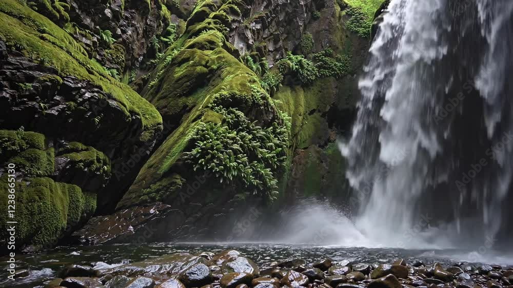 Poster waterfall cascades down rocky cliffs surrounded by lush greenery in a serene natural setting