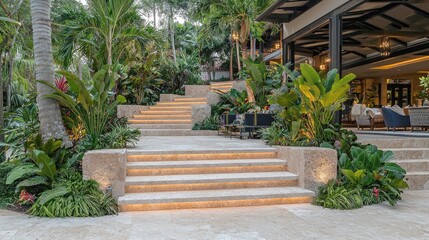 Illuminated Stone Steps Leading to a Luxurious Tropical Resort. Breathtaking Garden Architecture and Landscape Design.