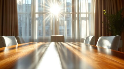 A sunlit conference room features a warm wooden table, creating a productive atmosphere for discussions and meetings while allowing natural light to enhance creativity.