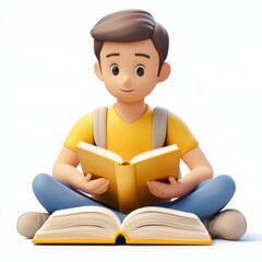 Student sitting on the floor with an open book and highlighter, deeply focused on studying, isolated on white background