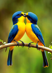 Fototapeta premium blue and yellow macaw sitting on a branch, kissing, love concept, beautiful background, 