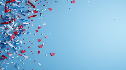 Red white and blue confetti scattered on a white background for celebration and decoration
