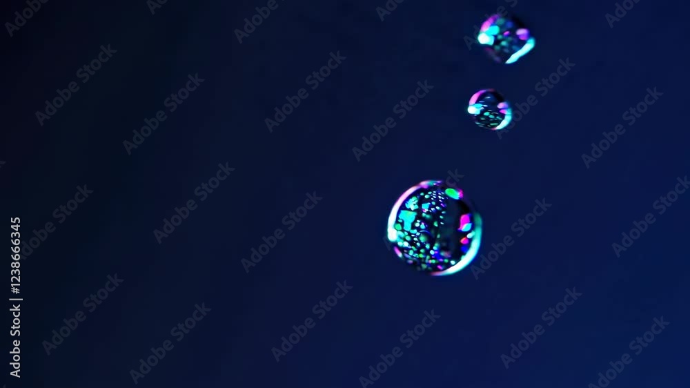 Poster macro close-up of a soap bubble with rainbow reflections floating in front of a blurry green leaf, c