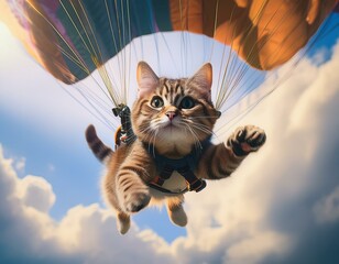Obraz premium パラシュートで空を飛ぶ猫