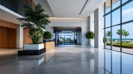 Executive office headquarters with a prestigious entrance, grand lobby exterior, corporate power and success symbol