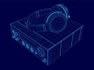 A blue image of headphones and a speaker. The headphones are placed on top of the speaker, creating a sense of depth and dimension