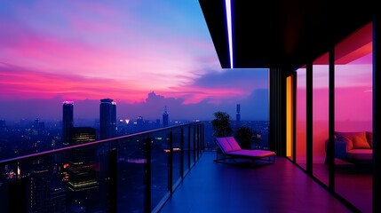 Futuristic apartment balcony with smart LED lighting, cyberpunk city skyline, hightech urban atmosphere
