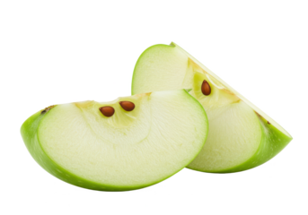 Two slices of green apple with visible seeds isolated on white background