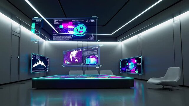 Futuristic command center interior displaying holographic data analysis and information visualizations on transparent screens, suggesting advanced technological capabilities and strategic planning