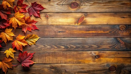 Fototapeta premium Autumnal leaves arranged on rustic wooden planks background