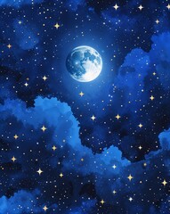 Naklejka premium Royal blue with crescent moon shining over a scattered star field abstract background
