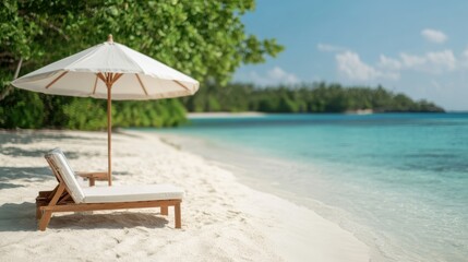 An inviting beach setting with a comfortable lounge chair and a large umbrella, creating a perfect spot for sunbathing and enjoying the picturesque seaside view.