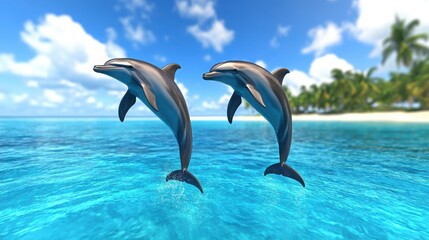 Playful Dolphins Jumping in Clear Tropical Ocean Waters