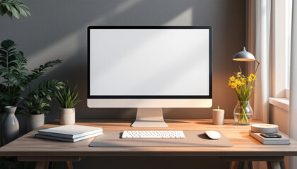 Modern Home Office Workspace With Blank Computer Screen
