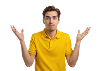 Man in a yellow shirt with arms raised in a confused gesture, isolated on white background