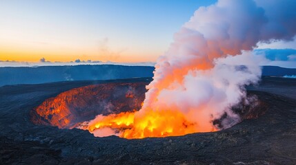 Erupting Volcano at Sunrise with Vibrant Lava and Billowing Smoke