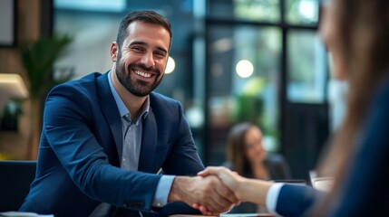 Happy young businessman bank manager shaking hands with clients in a meeting, in a job interview, insurance agent, lawyer, contracting with a company.