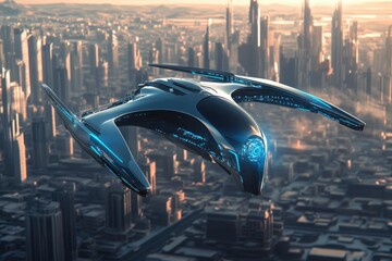 Futuristic spaceship soaring over a sprawling cityscape at sunset.
