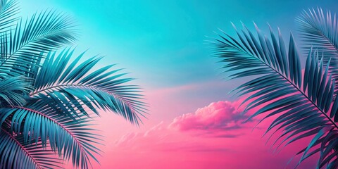 Vibrant Teal Palm Fronds Against a Pink and Blue Sky with Fluffy Clouds