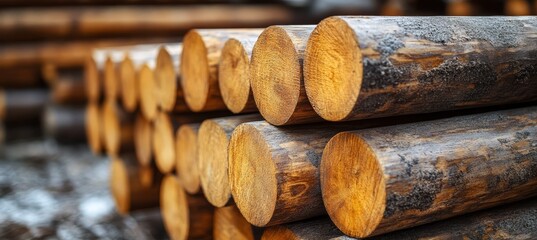 Wood ready to process at factory. Forest environment industry. Generative AI technology.