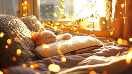 Cozy Cat Sleeping in Sunlight with Soft Cushions and Bokeh Lights