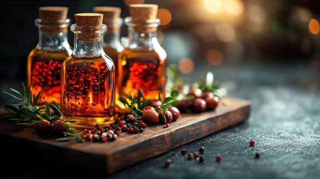 Four small bottles of infused olive oil with olives and herbs. - Powered by Adobe