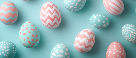 Fototapeta premium Colorful Easter eggs in pastel shades of pink and blue are arranged on a light blue surface, showcasing various patterns perfect for spring festivities