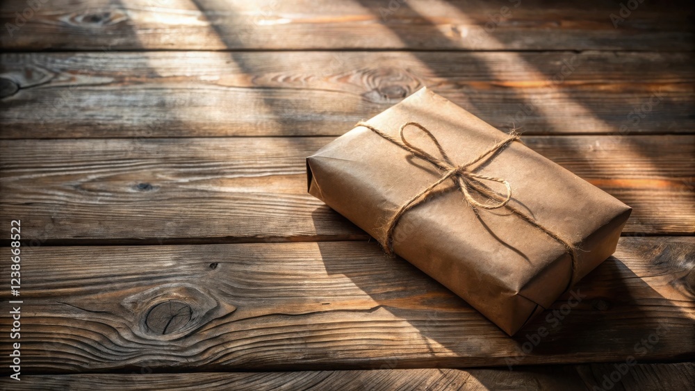 Poster A Rustic Brown Package Tied with Twine Rests on a Weathered Wooden Surface Bathed in Sunlight