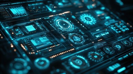 Futuristic digital interface with glowing blue HUD elements.